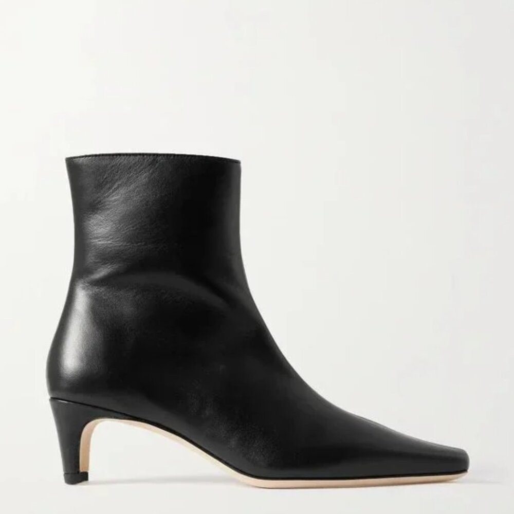 STAUD Wally Black Leather Pointed-Toe Ankle Boots
